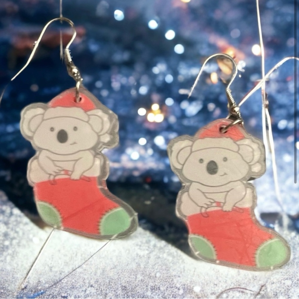 1/$8 or 3/$12 Christmas Koala Bear Earrings in Stocking Acrylic Drop Dangle